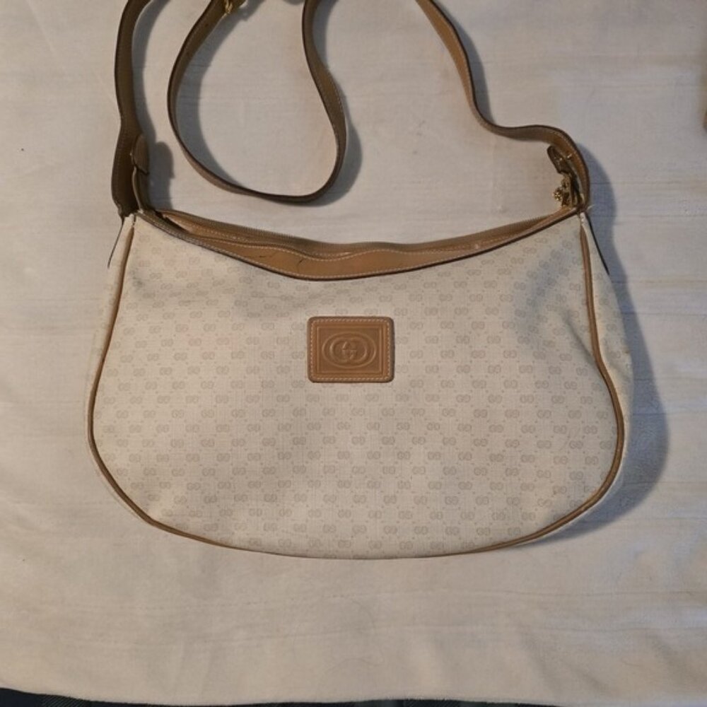 Auth. GUCCI Supreme Elegant Cream and Tan Bag LEATHER White Adjustable Strap